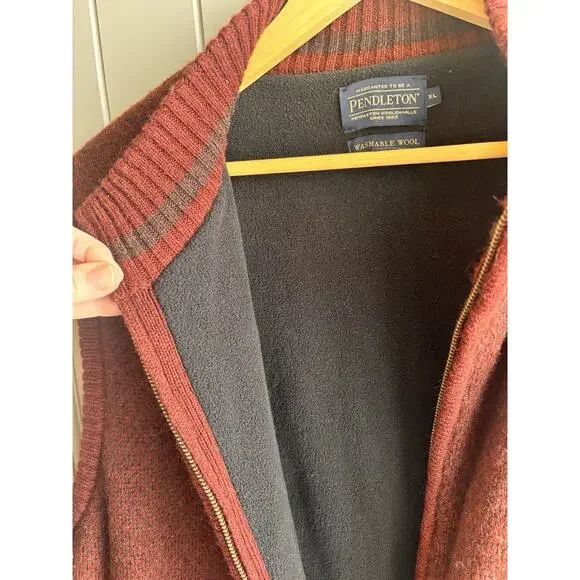 Pendleton Vest Mens XL Burgandy Washable Shetland Wool Full Zip Pockets Lined